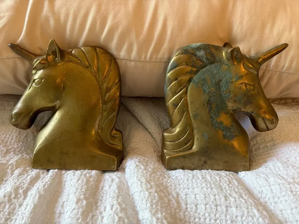 Vintage Brass Unicorn Head Bookends Pair Mid Century Fantasy Decor Heavy Metal